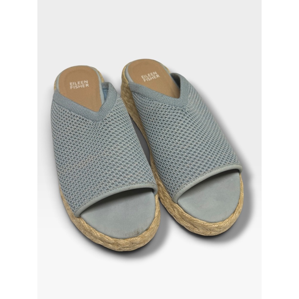 Eileen Fisher Dusty Blue Knit Platform Espadrille Wedge Slides Sandals Size 8